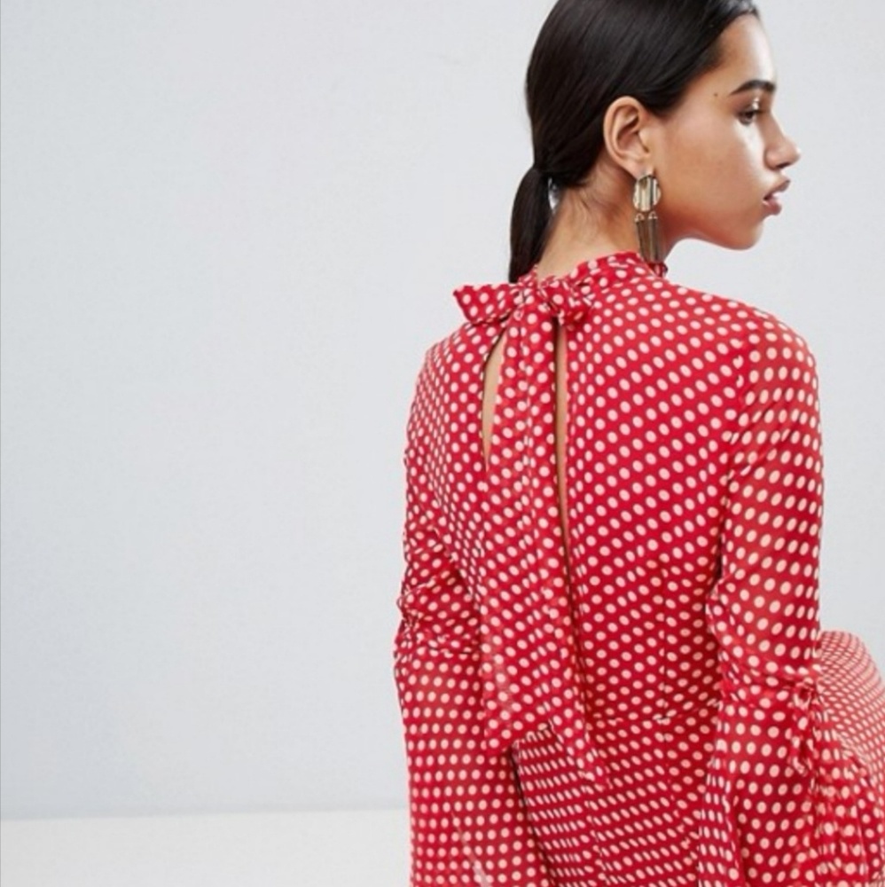 ASOS high neck polka dot asymmetric hem dress